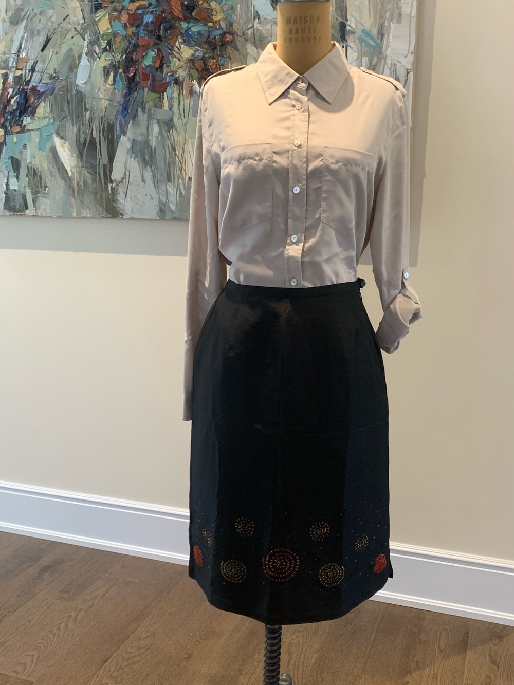Chico's Black Midi Skirt Beaded Hem with Cream Blouse